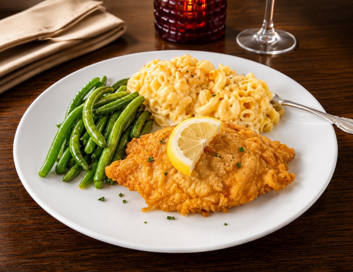 Beer battered cod with macaroni and cheese and green beans