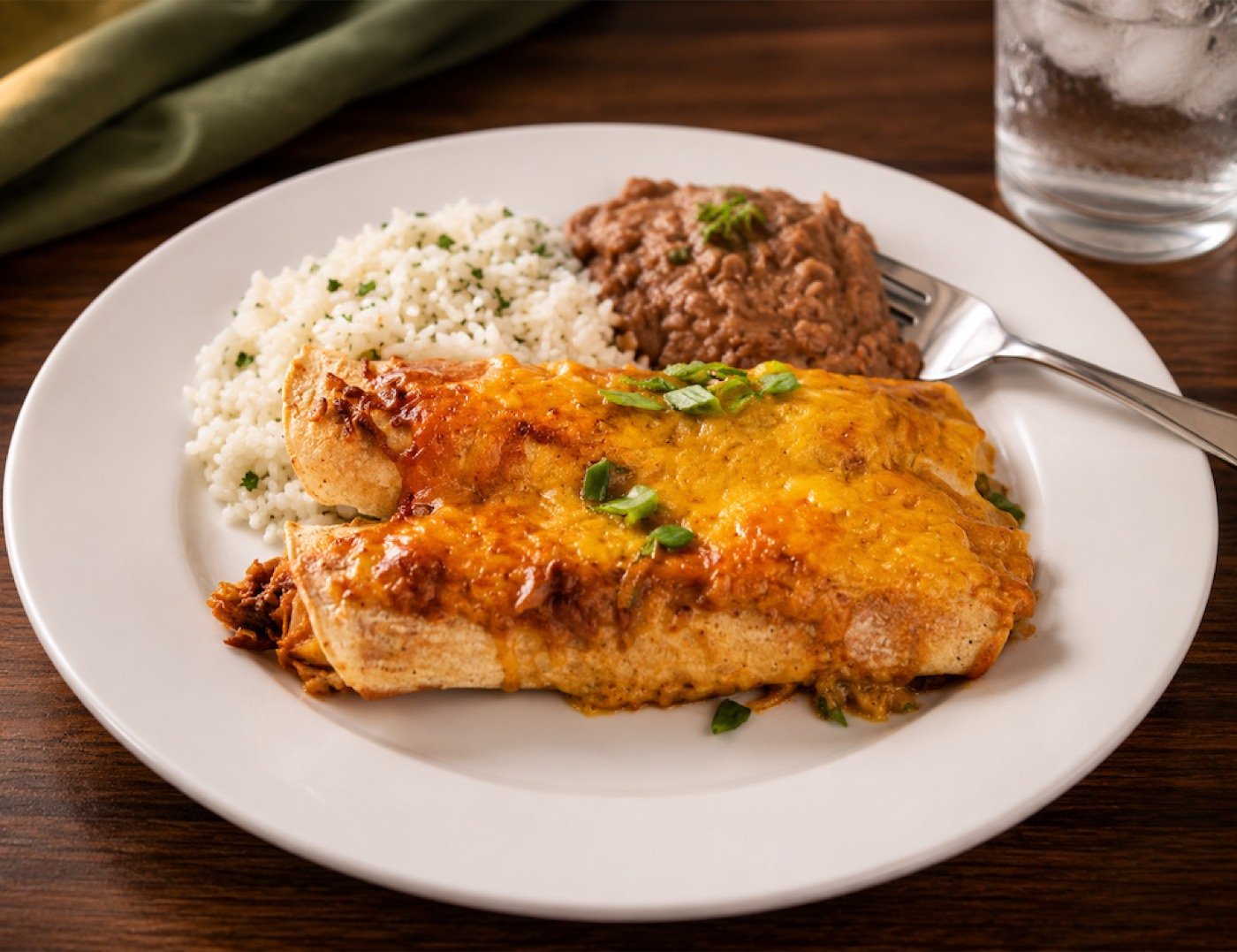 Cheesy chicken enchiladas with rice and beans