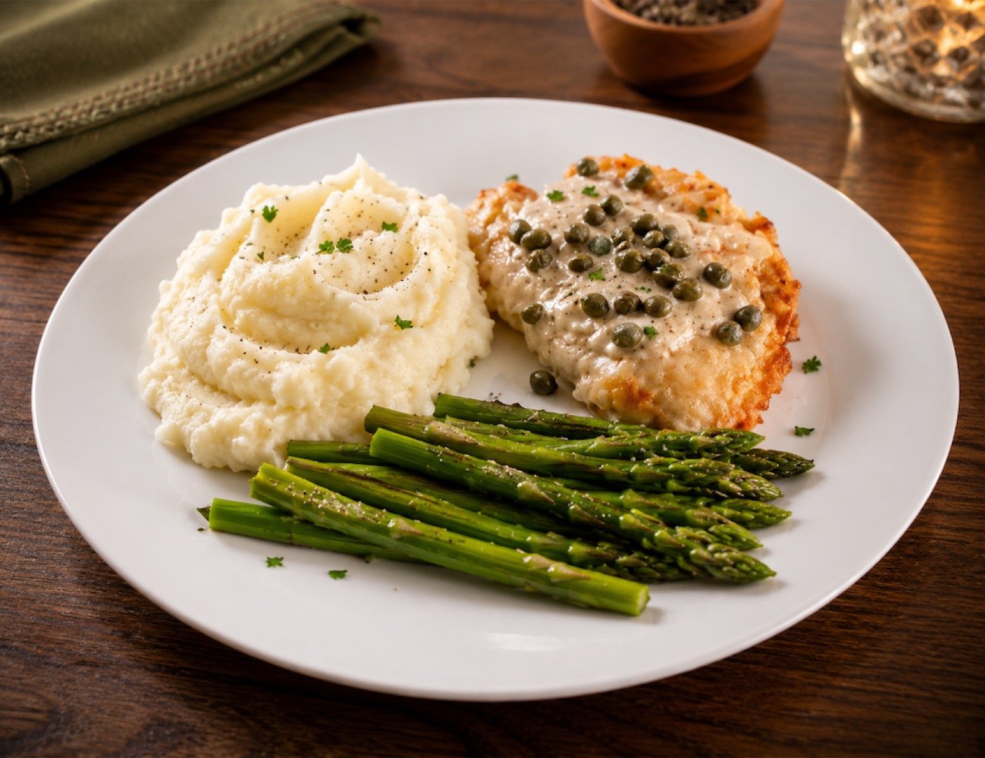 Chicken piccata with mashed potatoes and asparagus
