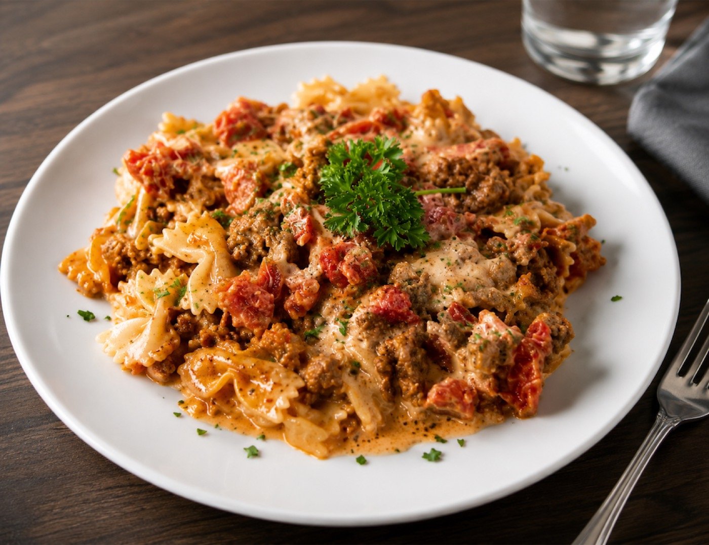 Italian sausage and tomato pasta over bowtie noodles